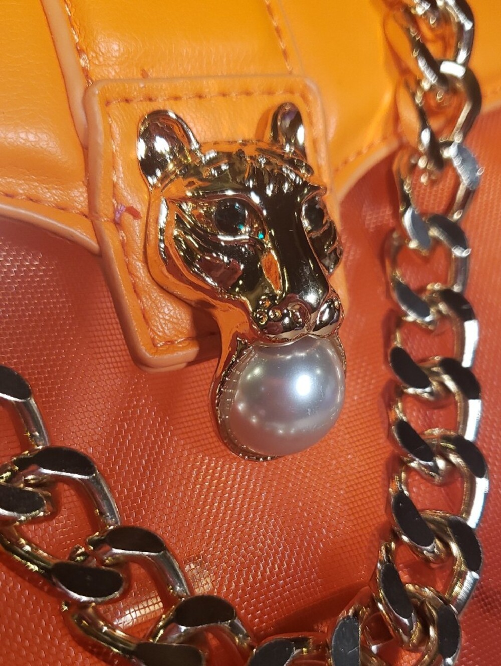 Aldo Orange Mesh Stadium Satchel / Crossbody Bag w/ Tiger & Chain Detail - Picture 11 of 12